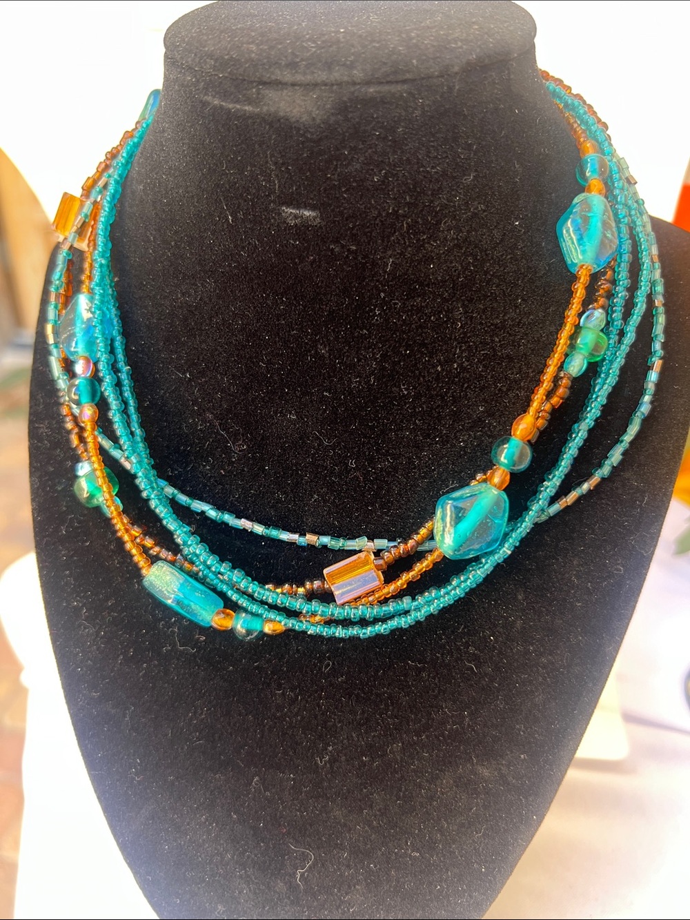 Vintage Teal and Amber Multi-Strand Beaded Necklace